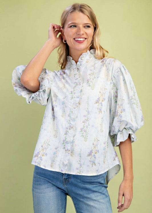 Blue & White Floral Top